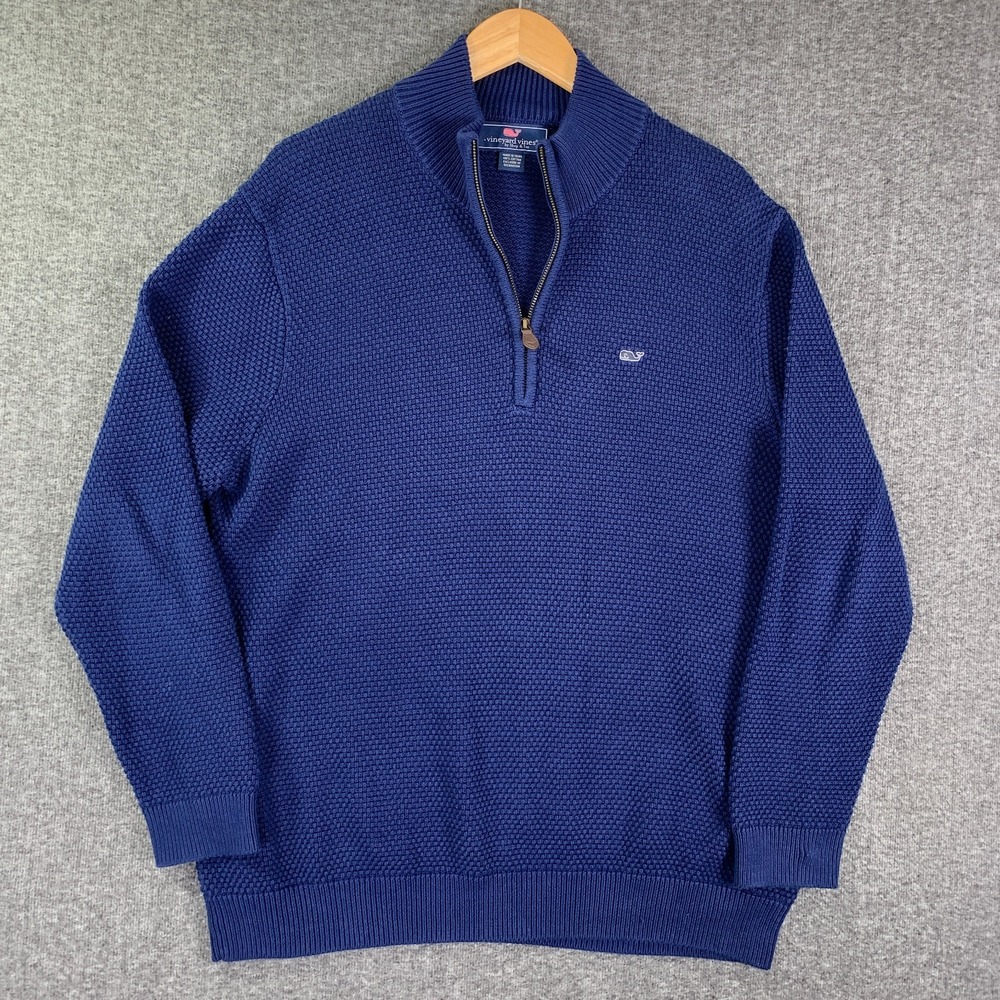 Vineyard Vines Knit Sweater Men Large Blue 1/4 Zip Waffle Saltwater Pullover - Picture 1 of 10